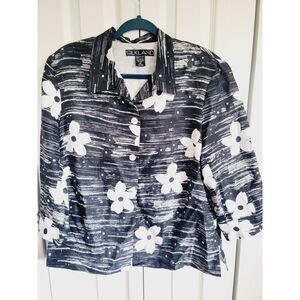 Silk Land 12 Blazer Jacket Women's Size Large‎ B/W 100% Silk Floral Button Front